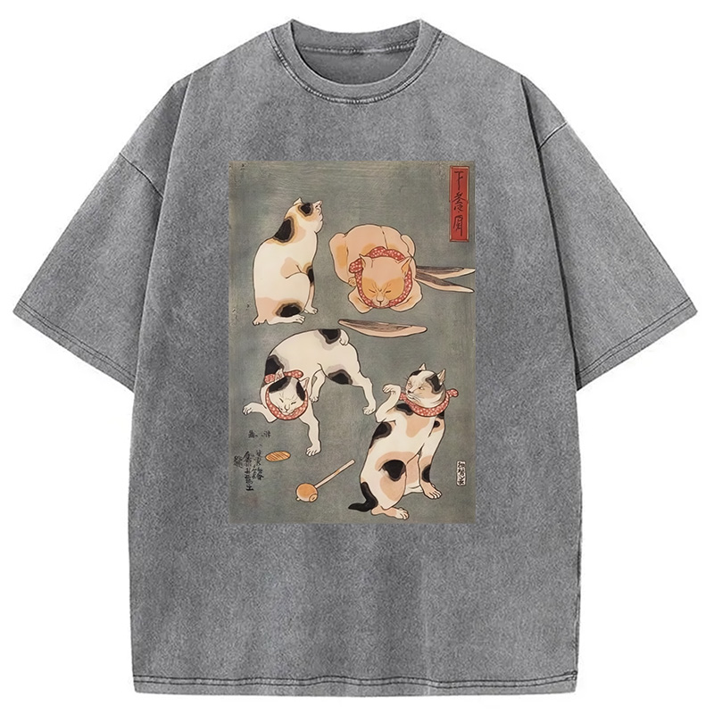 Modecanvas Japanese Four Cats Ukiyo-e Washed T-Shirt
