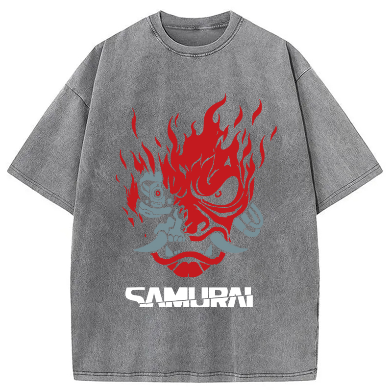 Modecanvas Vintage Samurai Retro Japanese DTG Printing Washed T-Shirt-modecanvas