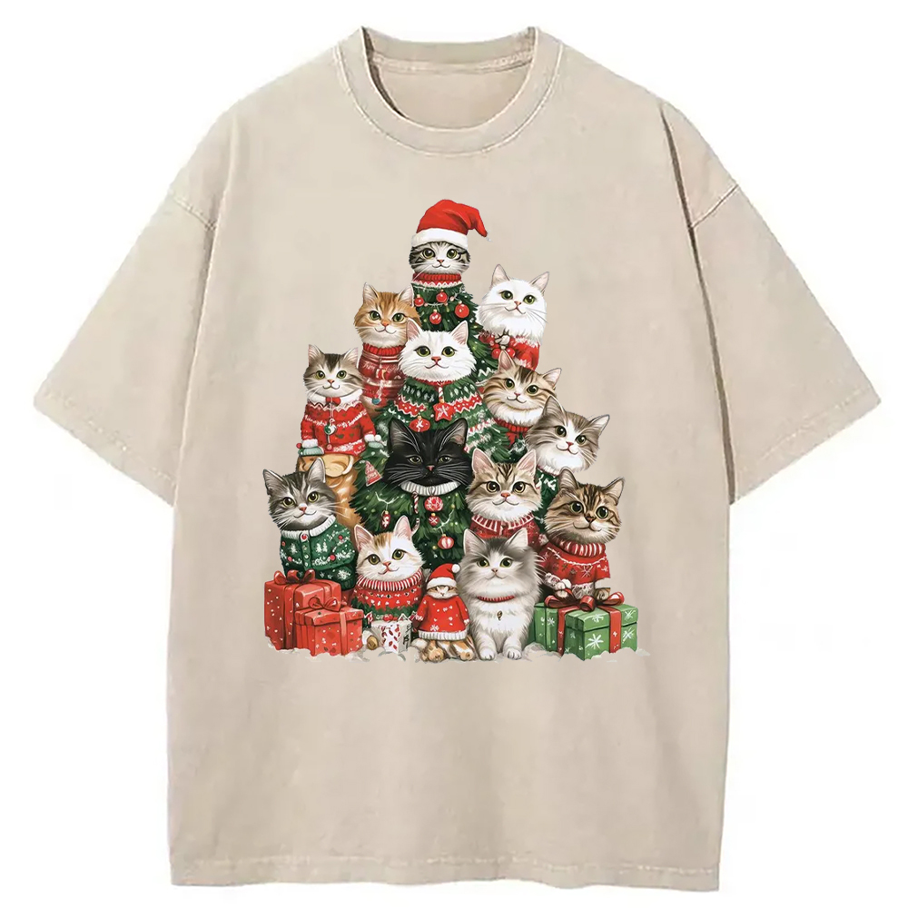 Modecanvas Christmas Cat Tree Washed T-Shirt