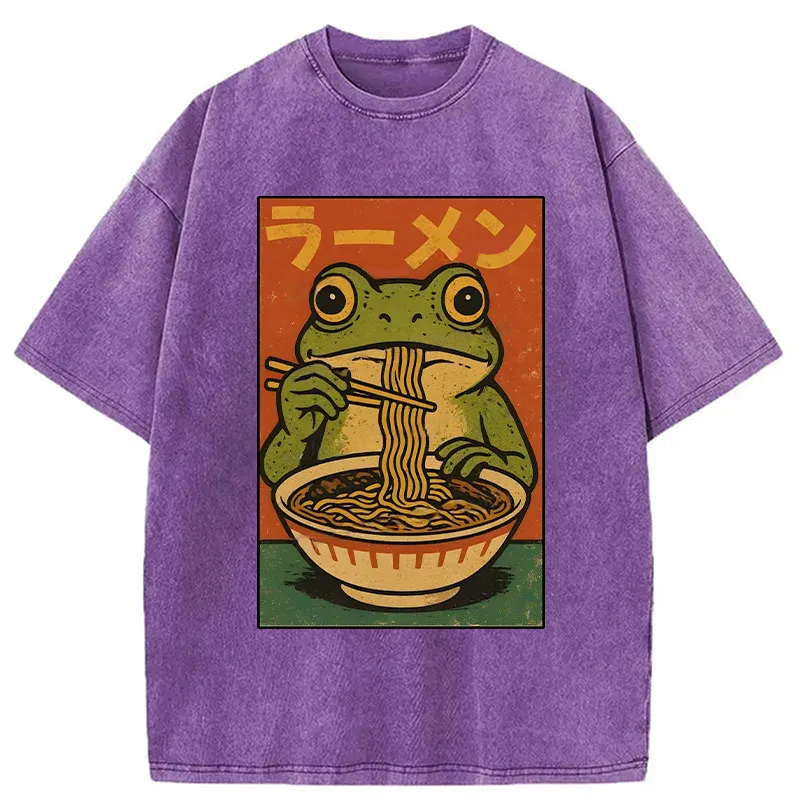 Modecanvas Frog Eating Ramen Retro Washed T-Shirt