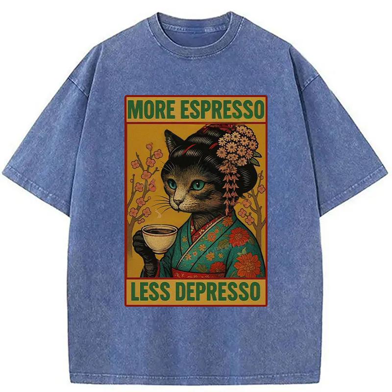 Modecanvas Geisha Cat Drinking Coffee Washed T-Shirt