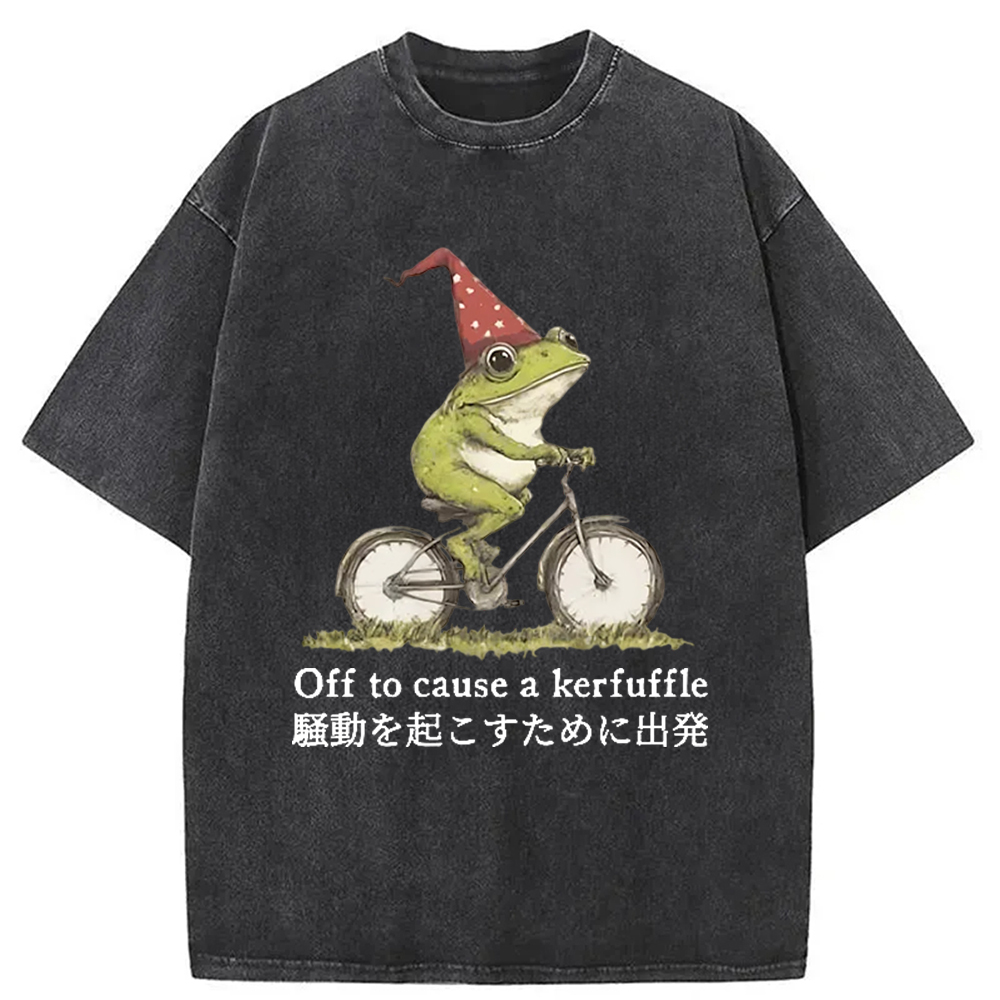 Modecanvas Frog Riding A Bicycle Washed T-Shirt