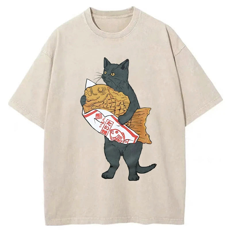 Modecanvas Cat Holding Taiyaki Washed T-Shirt