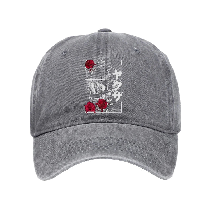 Modecanvas Skull Roses Japanese Aesthetic Washed Cap-modecanvas
