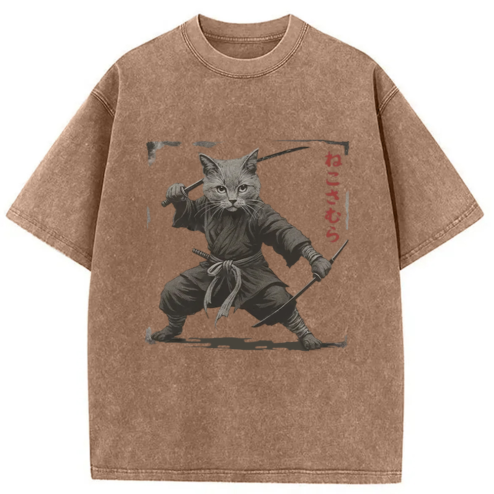 Modecanvas Handsome Cat Samurai Washed T-Shirt