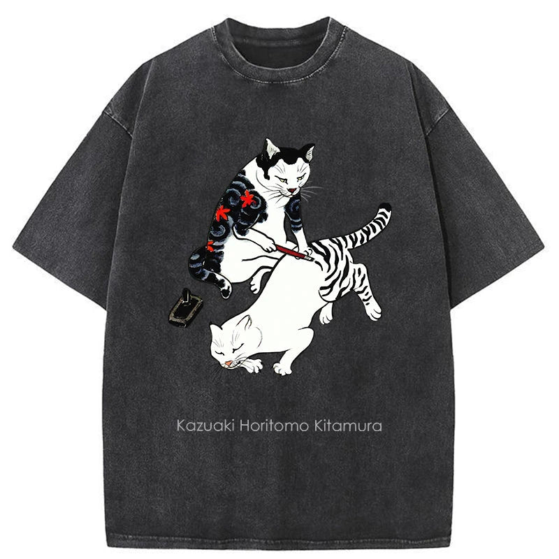 Modecanvas The Cat Is Tattooing Washed T-Shirt
