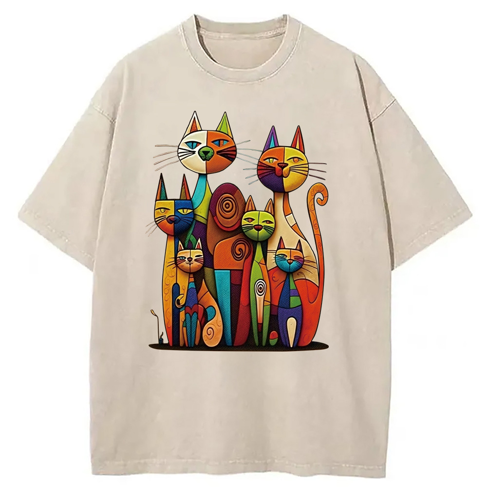 Modecanvas The Da Vinci Cat Family Washed T-Shirt