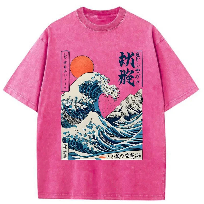 Modecanvas Ukiyo-e Ocean Waves Japan Washed T-Shirt-modecanvas