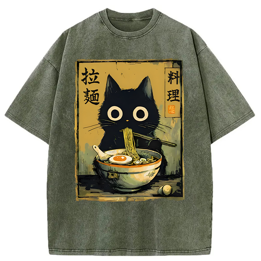 Modecanvas Cute Black Cat Eating Ramen Washed T-Shirt-modecanvas