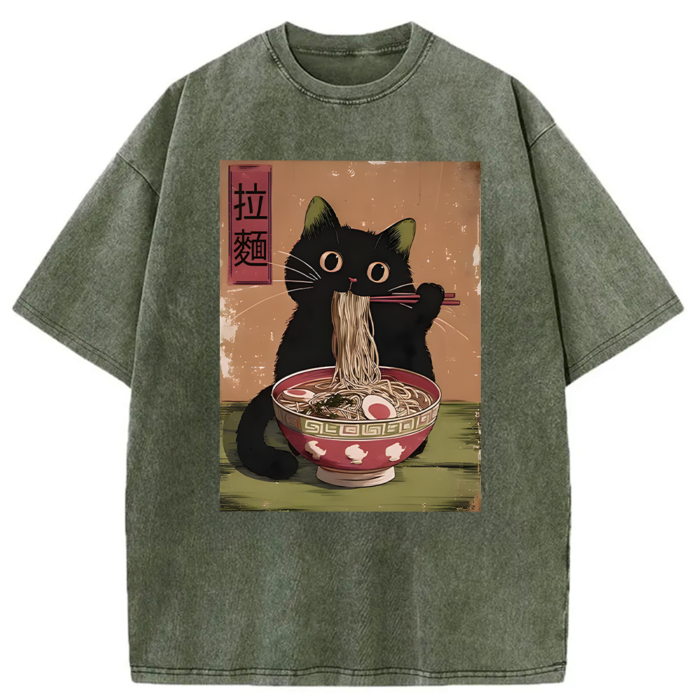 Modecanvas Vintage Japanese Cat Washed T-Shirt