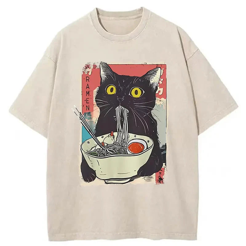Modecanvas Cute Cat Eating Ramen Washed T-Shirt-modecanvas