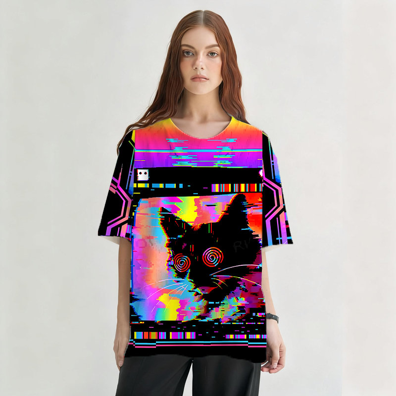 Modeocanvas Glitchy Cat Vibes All Over Print T-shirt-modecanvas