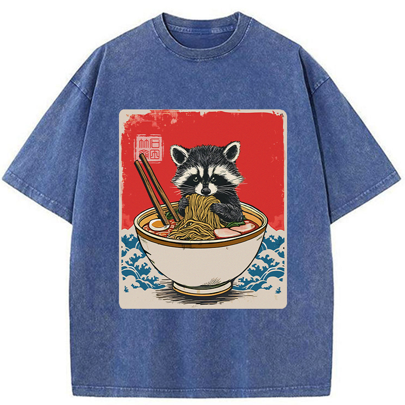 Modecanvas Ramen Lover Raccoon Washed T-Shirt-modecanvas