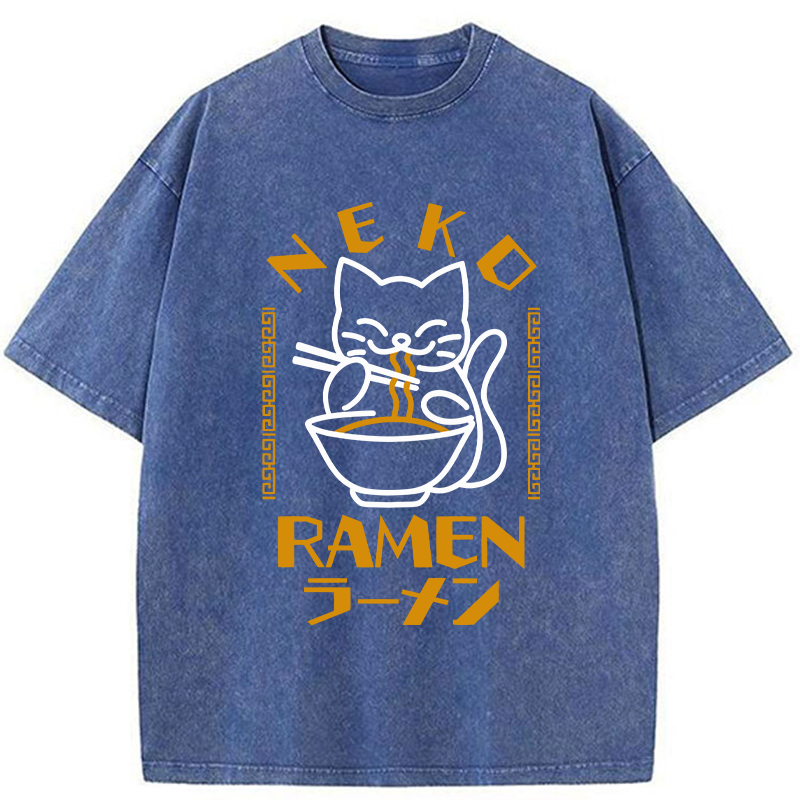 Modecanvas Cat Obsessed With Ramen Washed T-Shirt-modecanvas