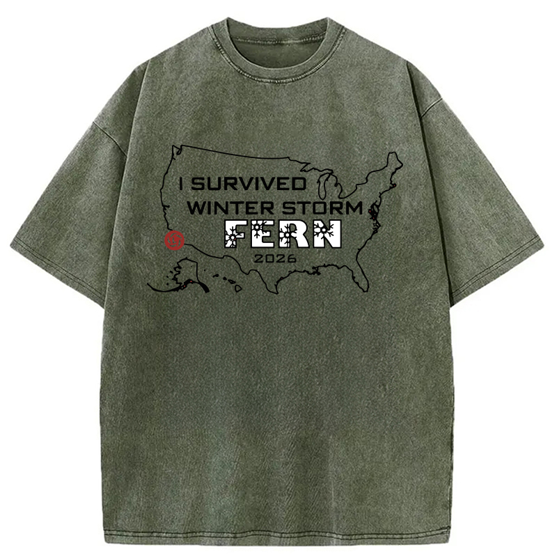 Modecanvas I Survived Winter Storm Fern 2026 DTG Printing Washed T-Shirt