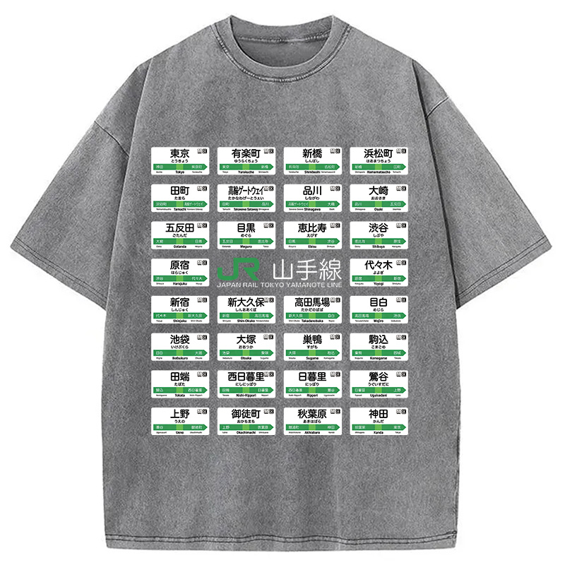 Modecanvas Yamanote Line Train Stations All DTG Printing Washed T-Shirt