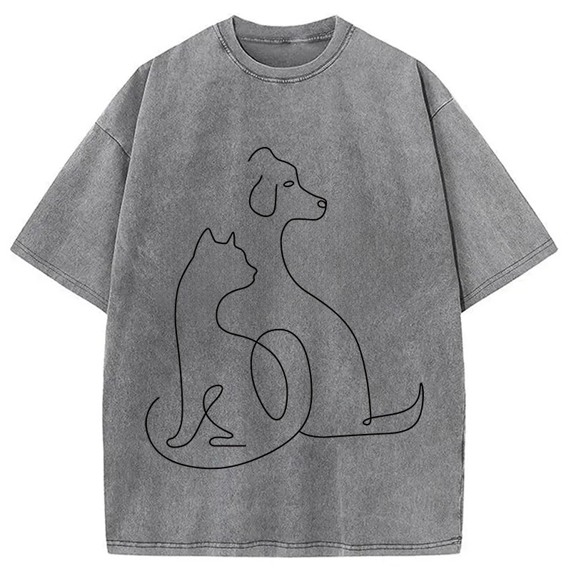 Modecanvas Minimalist Cat and Dog DTG Printing Washed T-Shirt