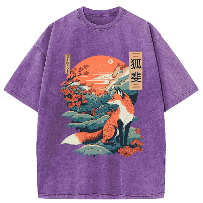 Modecanvas Japanese Kitsune Fox Sakura Washed T-Shirt