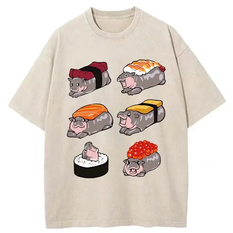 Modecanvas Cute Hippo Sushi Washed T-Shirt