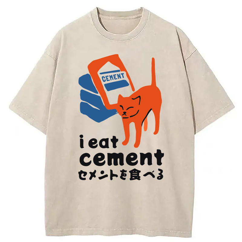 Modecanvas I Eat Cement Meme Cat Washed T-Shirt-modecanvas