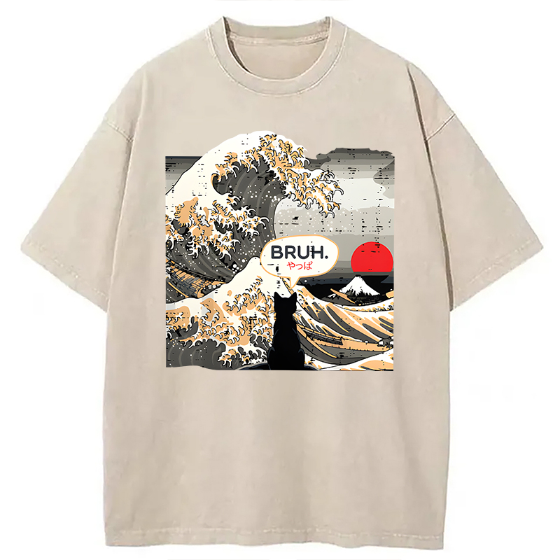 Modecanvas Bruh Cat Great Wave DTG Printing Washed T-Shirt