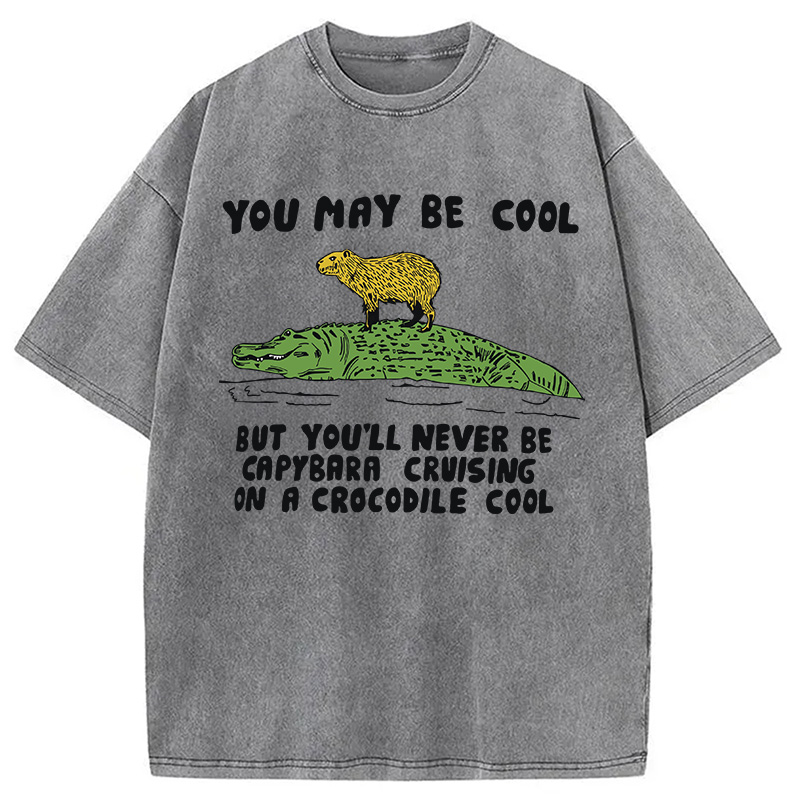 Modecanvas Funny Capybara Riding Crocodile DTG Printing Washed T-Shirt