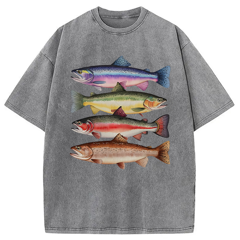 Modecanvas Colorful Rainbow Trout Fish DTG Printing Washed T-Shirt