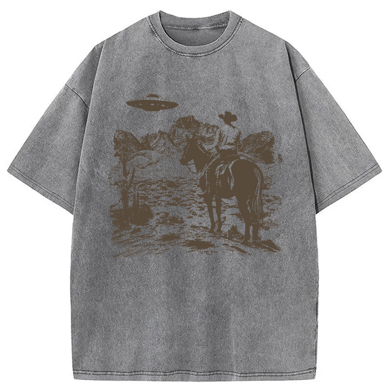 Modecanvas Ufo Western Vintage Cowboy DTG Printing Washed T-Shirt