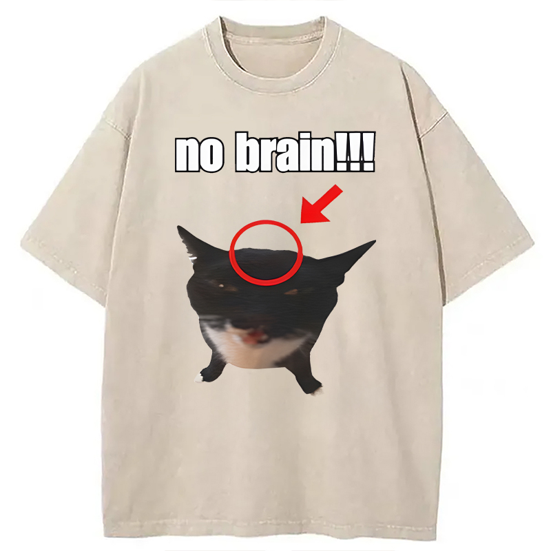 Modecanvas No Brain Cat DTG Printing Washed T-Shirt