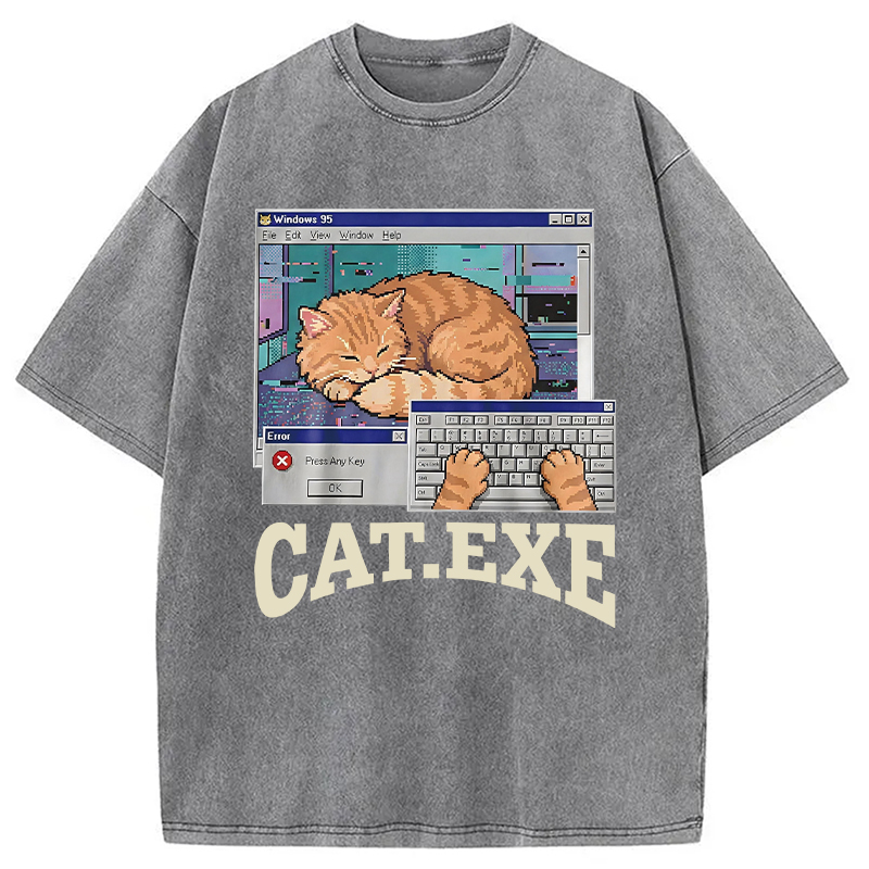 Modecanvas Cat Exe DTG Printing Washed T-Shirt-modecanvas