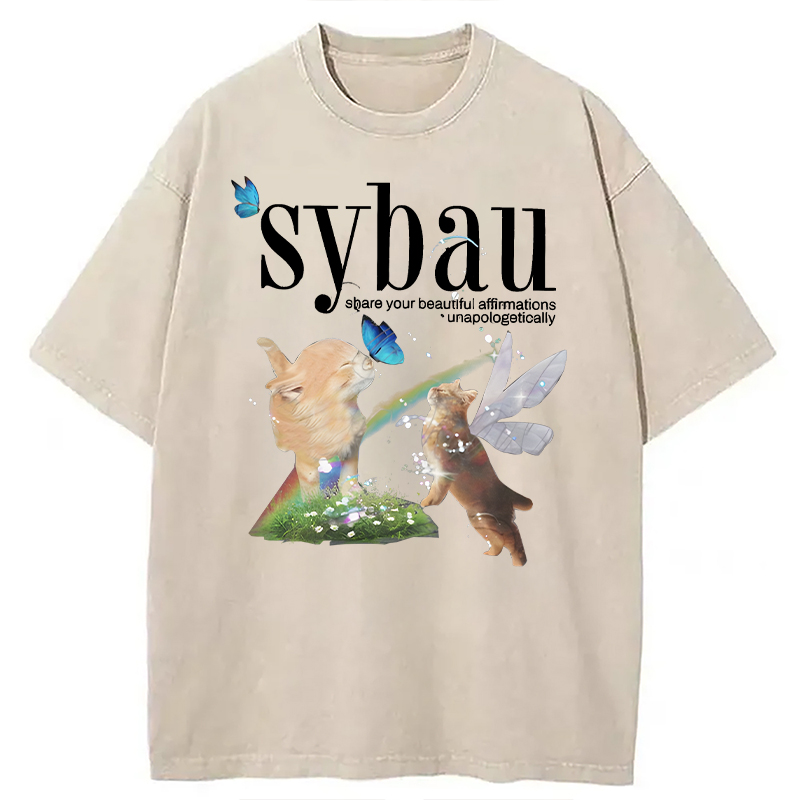 Modecanvas Cat Fairy SYBAU DTG Printing Washed T-Shirt-modecanvas