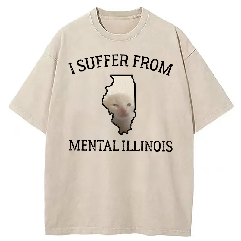 Modecanvas Mental Illinois Depressed Cat DTG Printing Washed T-Shirt-modecanvas