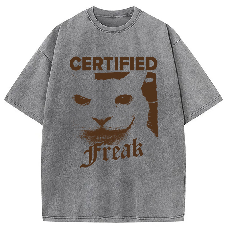 Modecanvas Certified Freak Cat Meme DTG Printing Washed T-Shirt-modecanvas