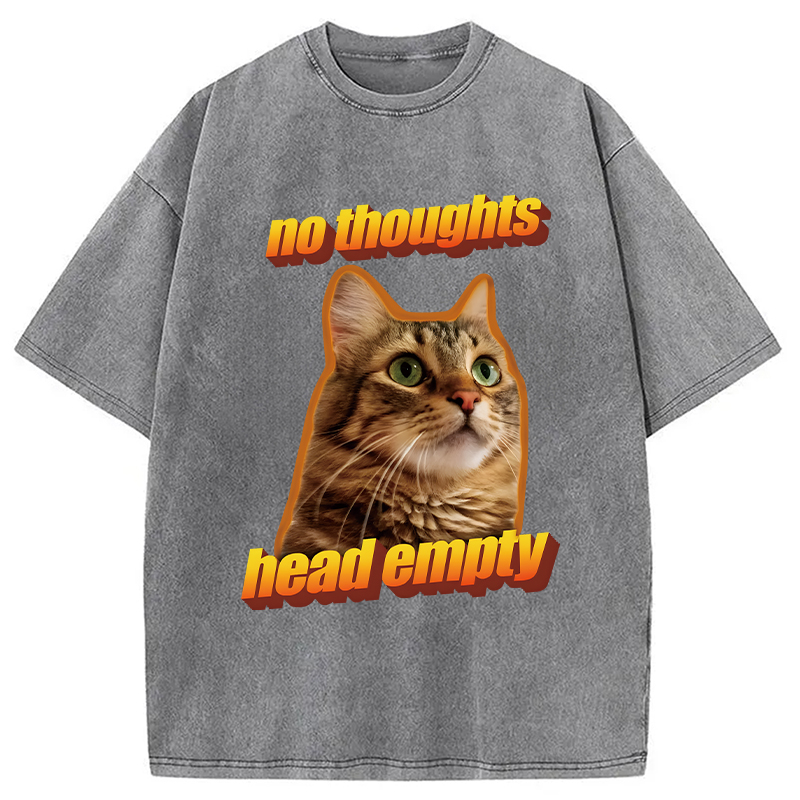 Modecanvas No Thoughts Head Empty Cat Meme DTG Printing Washed T-Shirt-modecanvas