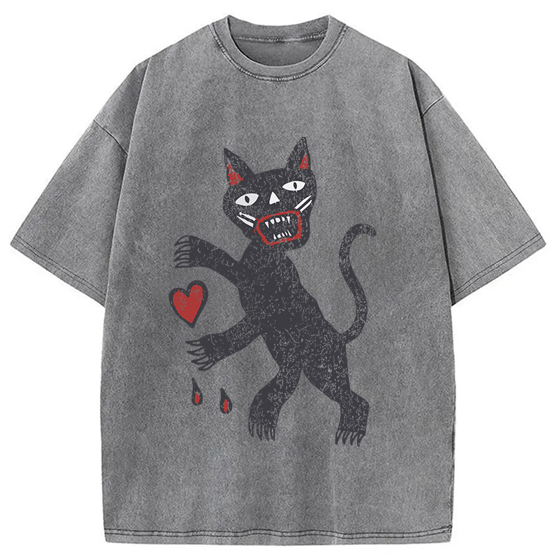 Modecanvas Black Cat Art DTG Printing Washed T-Shirt-modecanvas