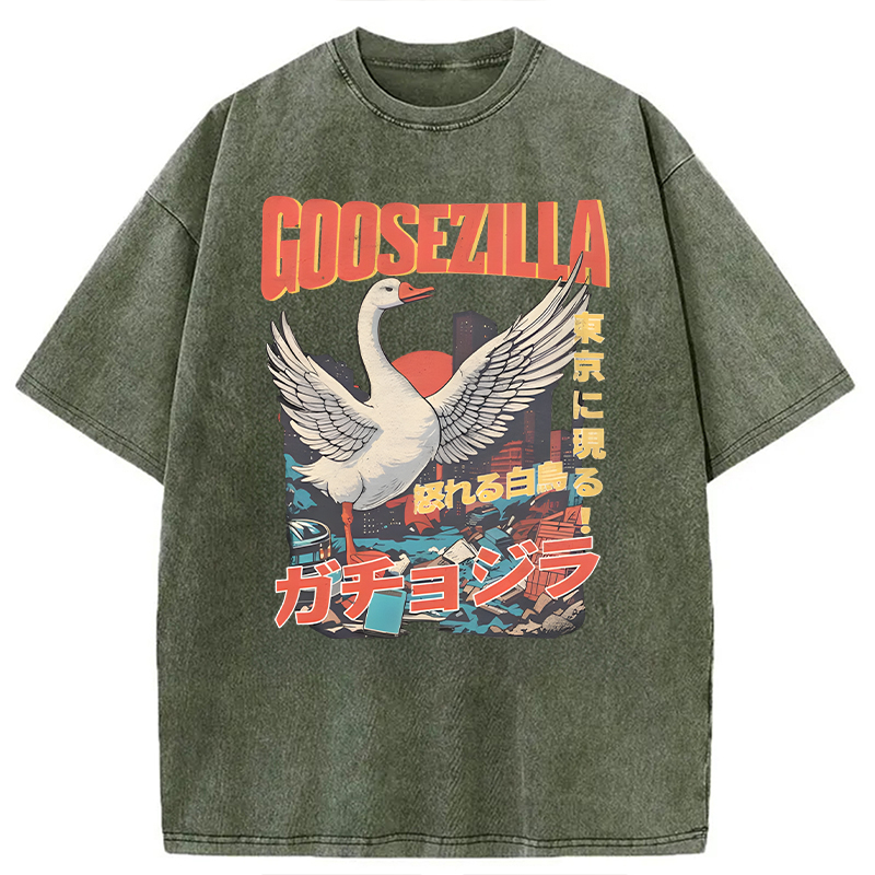 Modecanvas Goosezilla Funny Goose DTG Printing Washed T-Shirt-modecanvas