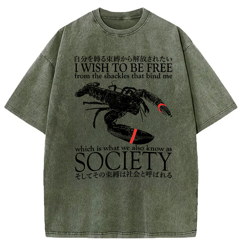 Modecanvas I Wish To Be Free Lobster DTG Printing Washed T-Shirt-modecanvas