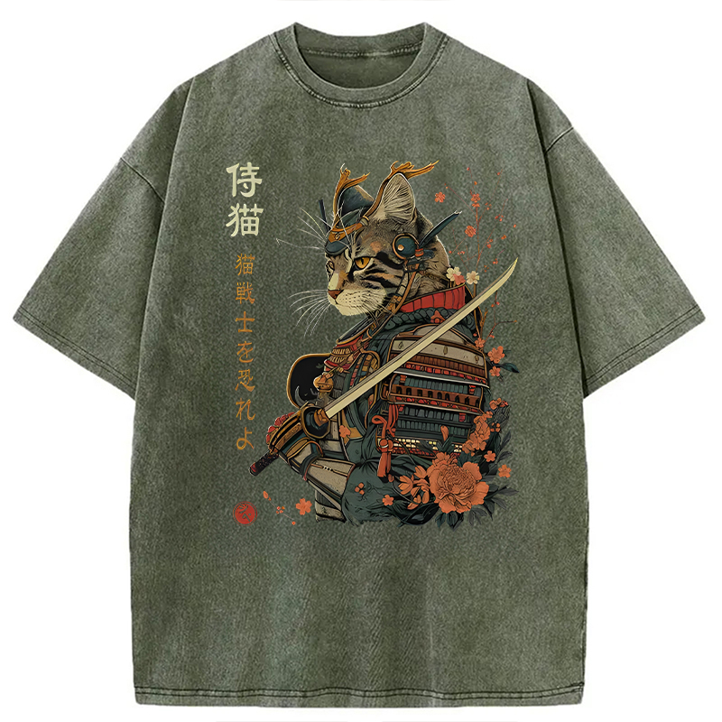 Modecanvas Samurai Cat Japanese Art DTG Printing Washed T-Shirt-modecanvas