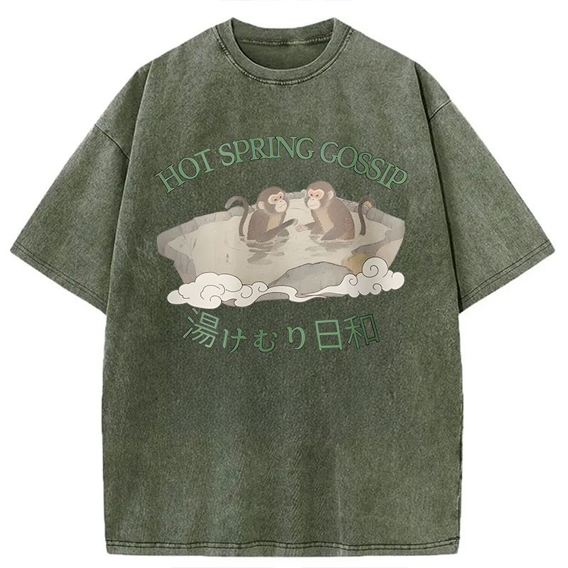 Modecanvas Japanese Monkey Hot Spring DTG Printing Washed T-Shirt-modecanvas