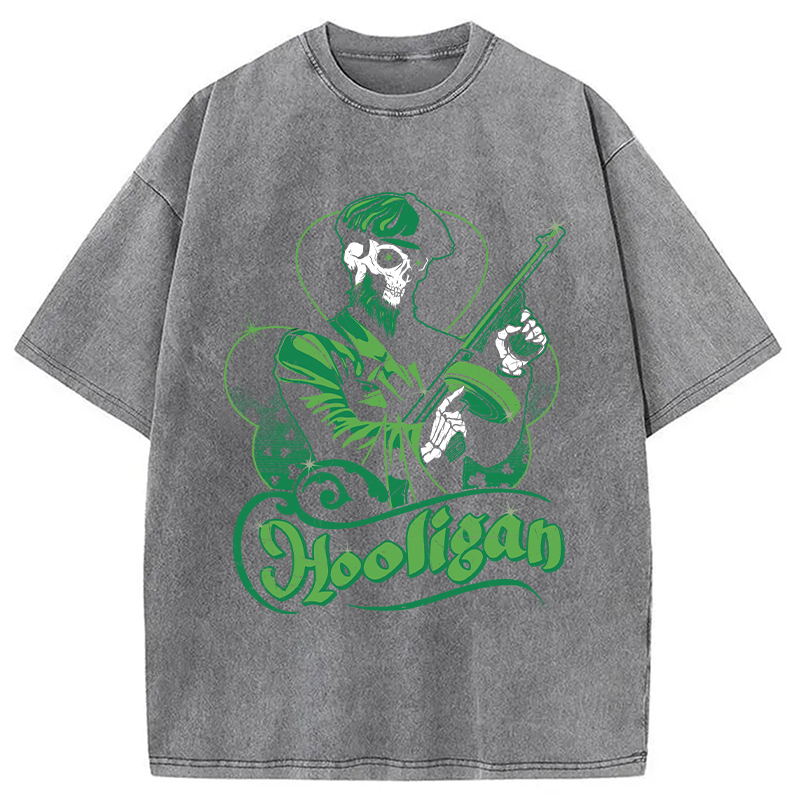 Modecanvas Hooligan Green Skeleton DTG Printing Washed T-Shirt-modecanvas