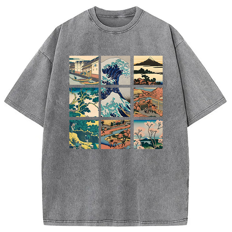 Modecanvas Thirty Six Views Of Mount Fuji DTG Printing Washed T-Shirt-modecanvas