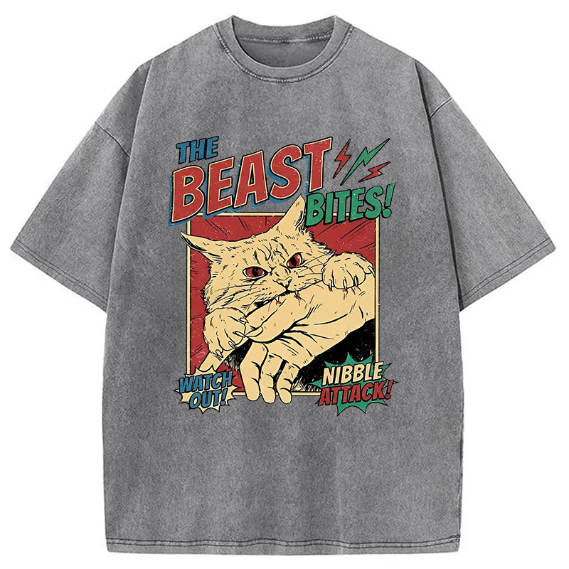 Modecanvas Vintage Horror Cat Bite DTG Printing Washed T-Shirt-modecanvas