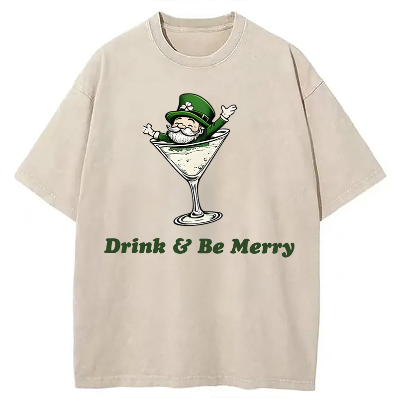 Modecanvas Leprechaun Martini Cocktail Vintage DTG Printing Washed T-Shirt-modecanvas