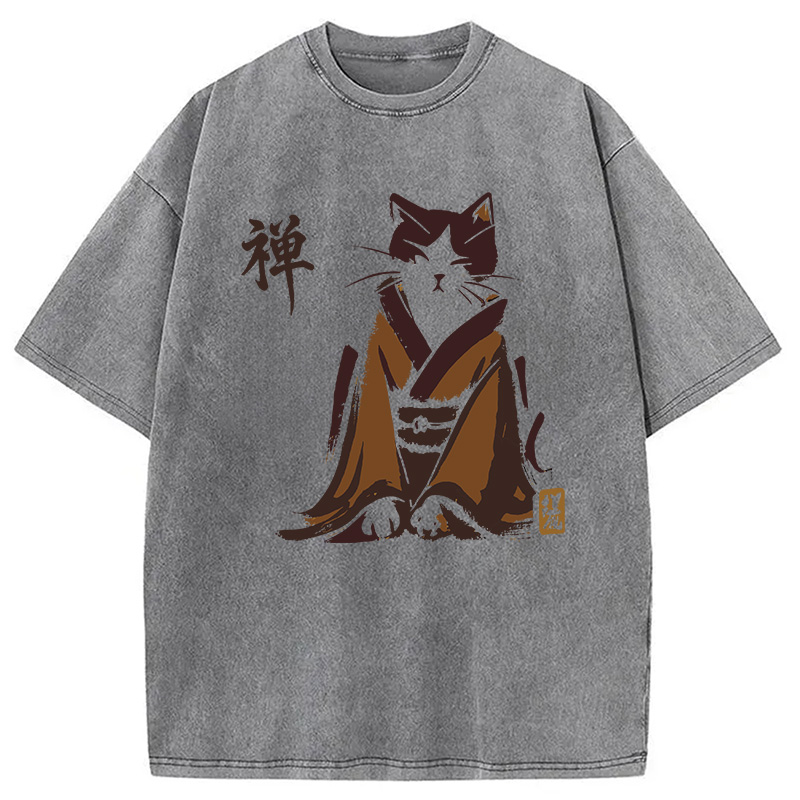 Modecanvas Zen Cat Kimono DTG Printing Washed T-Shirt-modecanvas