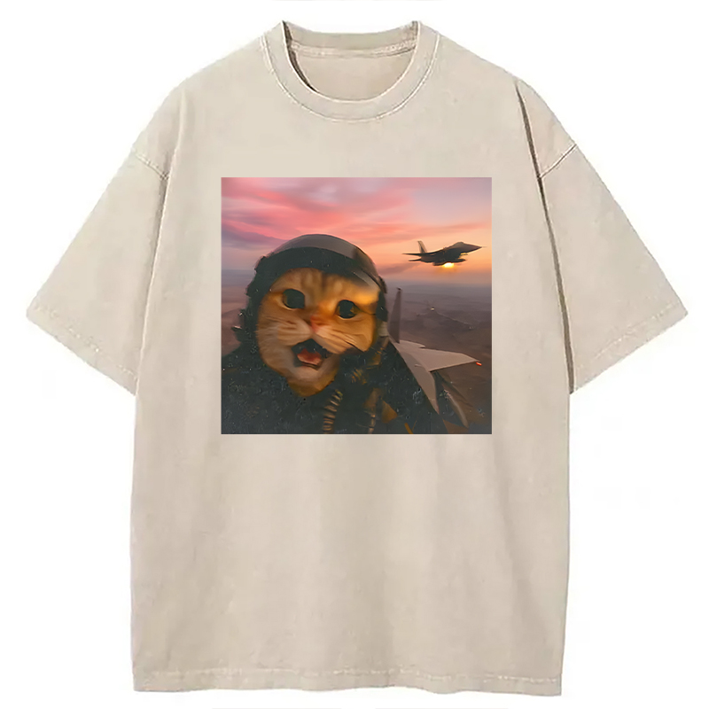 Modecanvas Funny Fighter Pilot Cat DTG Printing Washed T-Shirt
