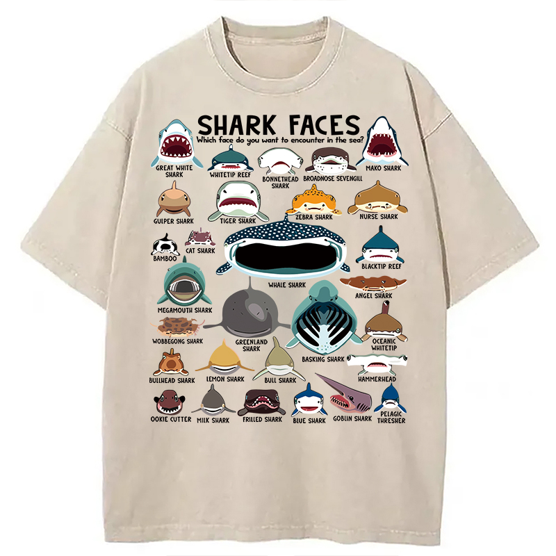 Modecanvas Shark Faces Marine Sea Life DTG Printing Washed T-Shirt