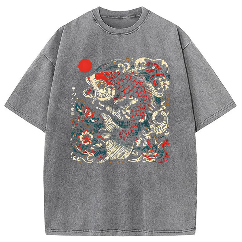 Modecanvas Japanese Koi Fish DTG Printing Washed T-Shirt