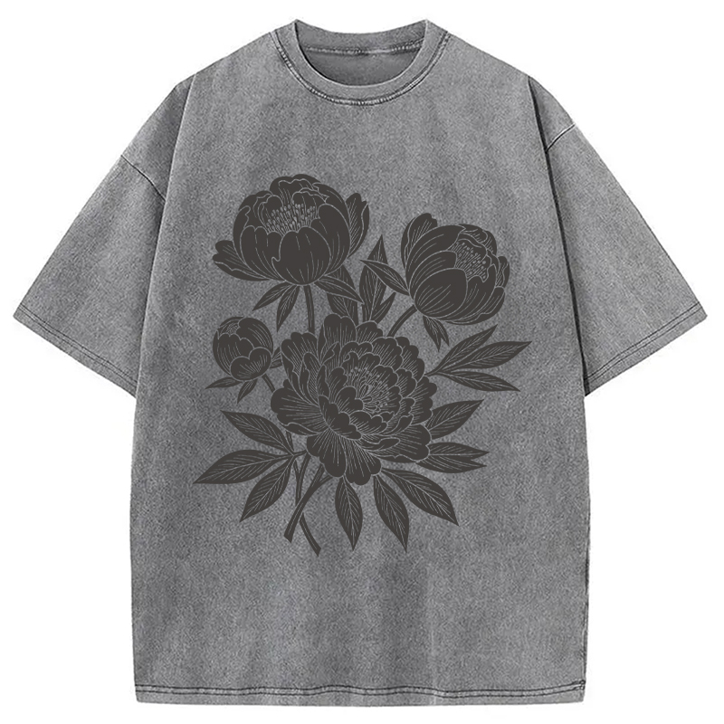 Modecanvas Linocut Floral DTG Printing Washed T-Shirt