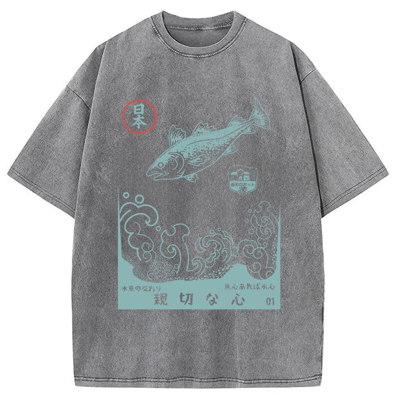 Modecanvas Japanese Fish Vintage Ukiyo-e Wave DTG Printing Washed T-Shirt