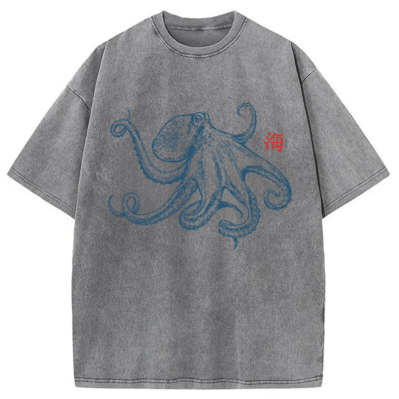 Modecanvas Octopus Retro Japanese DTG Printing Washed T-Shirt